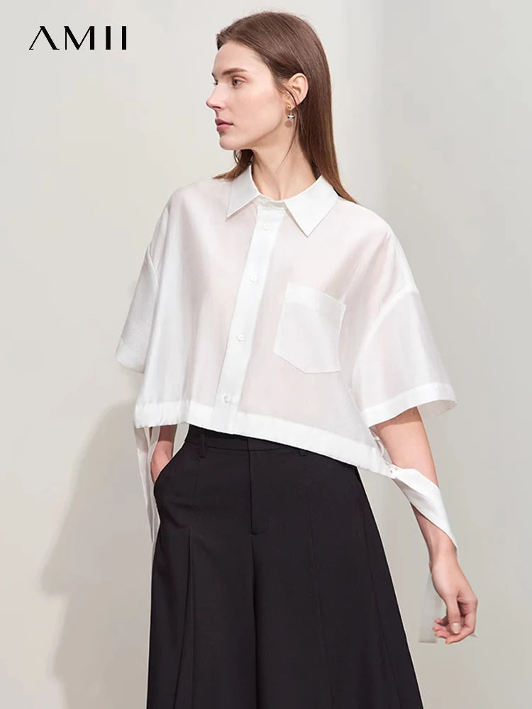 Amii Minimalism 2024 Women Shirt Summer New Lapel Casual Loose Short Belt Female Drop Sleeves Solid Fashion Blouse Tops 12452020