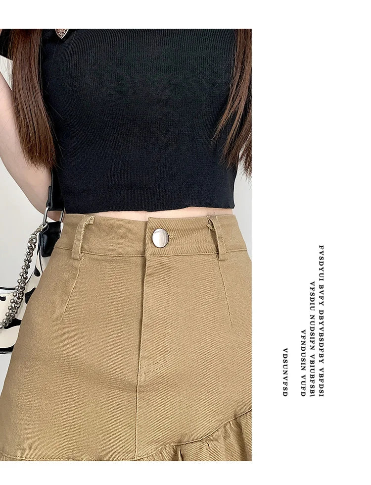 High Waist A-Line  Skirt Women's Spring Summer Denim f-length Skirts with Lace Hemline Cotton Polyester Blend