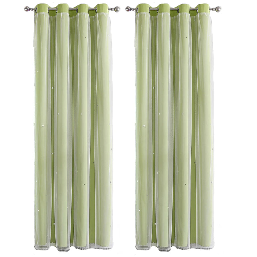 1Pc/2Pcs Girls Double Layer Hollow Out Stars Curtains Princess Romantic Bedroom Decor