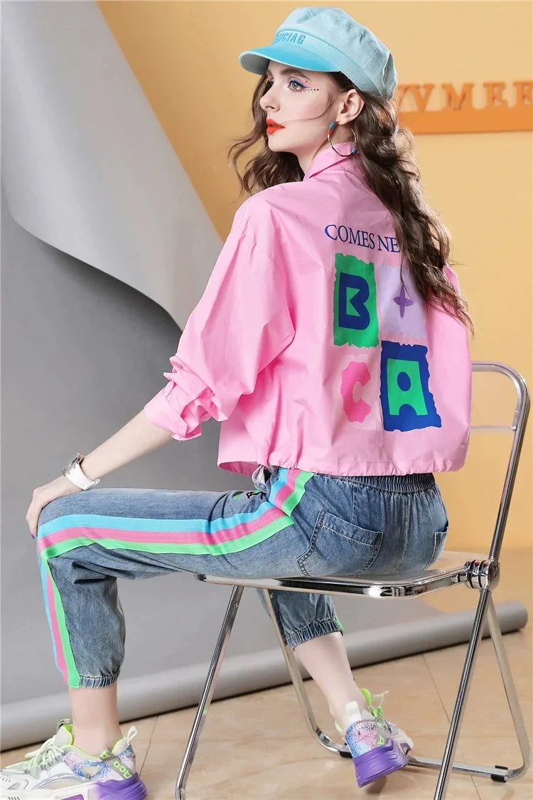 Spring and Autumn Pink Long-sleeved Printed Long-sleeved Women's Shirt Loose Polo Shirt Casual Cotton Top Women's Clothes