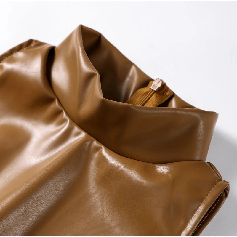 Vintage Midi Leather Dress Women Slim Turtleneck Sleeveless Hip Package Female Dresses 2025 Spring Lady Elegant Party Vestidos