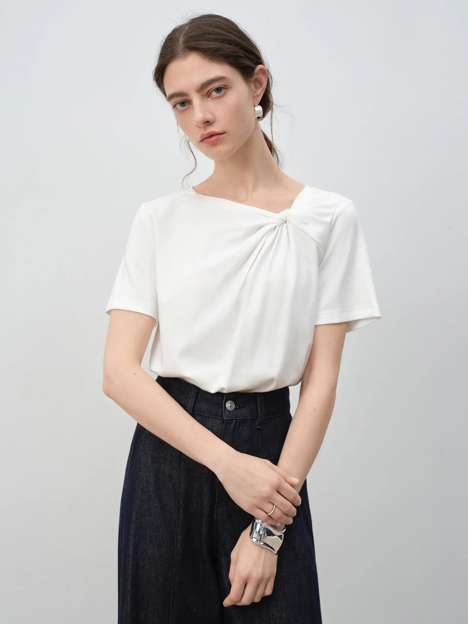 ZIQIAO Asymmetrical Knot Design - Petite Women's Short Sleeve T-Shirt - 2025 New Arrival Summer Slimming Versatile Top 25ZQ92102