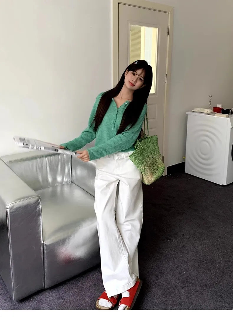 Casual Patchwork Pleated Wide Leg Pants Loose Solid High-Waisted Straight Pants Women Fashion Streetwear Lady Jeans