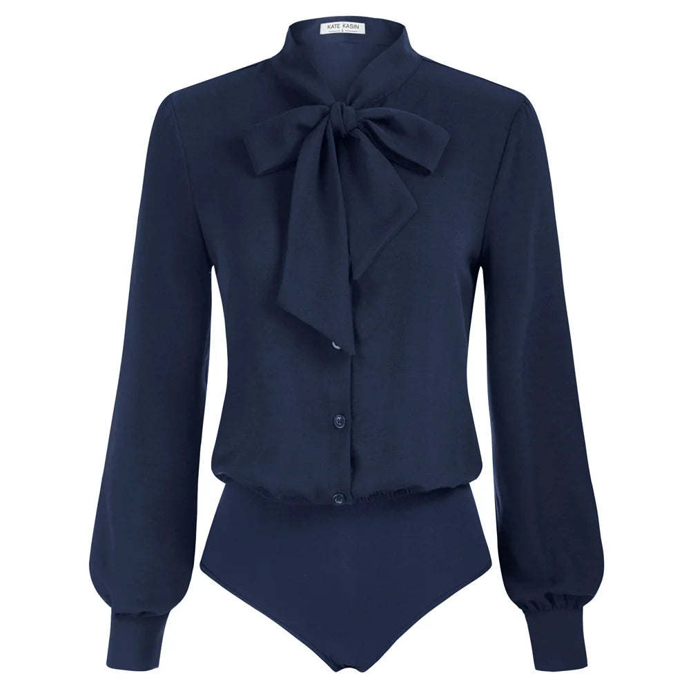 KK Women Bow-Knot Bodysuit Long Sleeve Elastic Waist Shirt Teddy Autumn And Winter Solid Streetwear Office Lady Elegant Jumpsuit