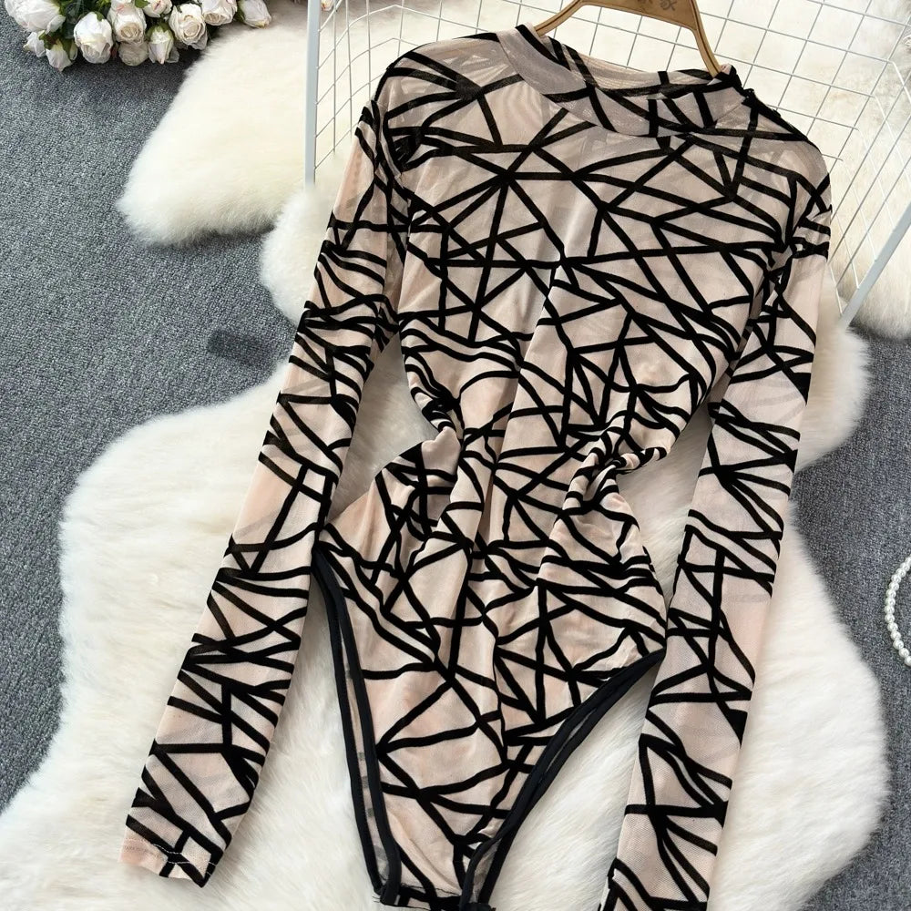 Foamlina Sexy Hollow Out Mesh Bodysuits for Women Fashion Striped Print Stand Collar Long Sleeve Slim Fit Club Party Jumpsuits