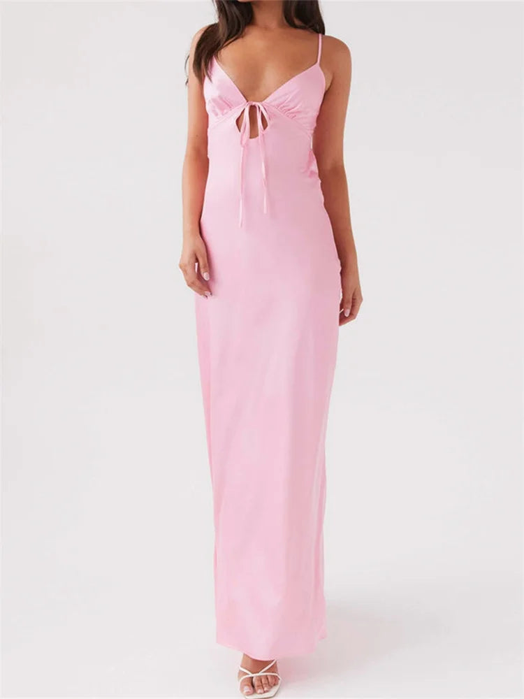 CHRONSTYLE Women Dresses Solid Color Sleeveless Strap V-neck Front Tie-Up Backless Long Dress Summer Slim Casual Female Vestidos