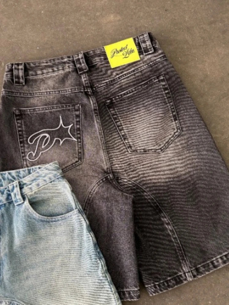 HOUZHOU Y2k Vintage Harajuku Short Jeans Women Washed Embroidery American Retro Man Denim Jorts Baggy Hip Hop Streetwear Summer