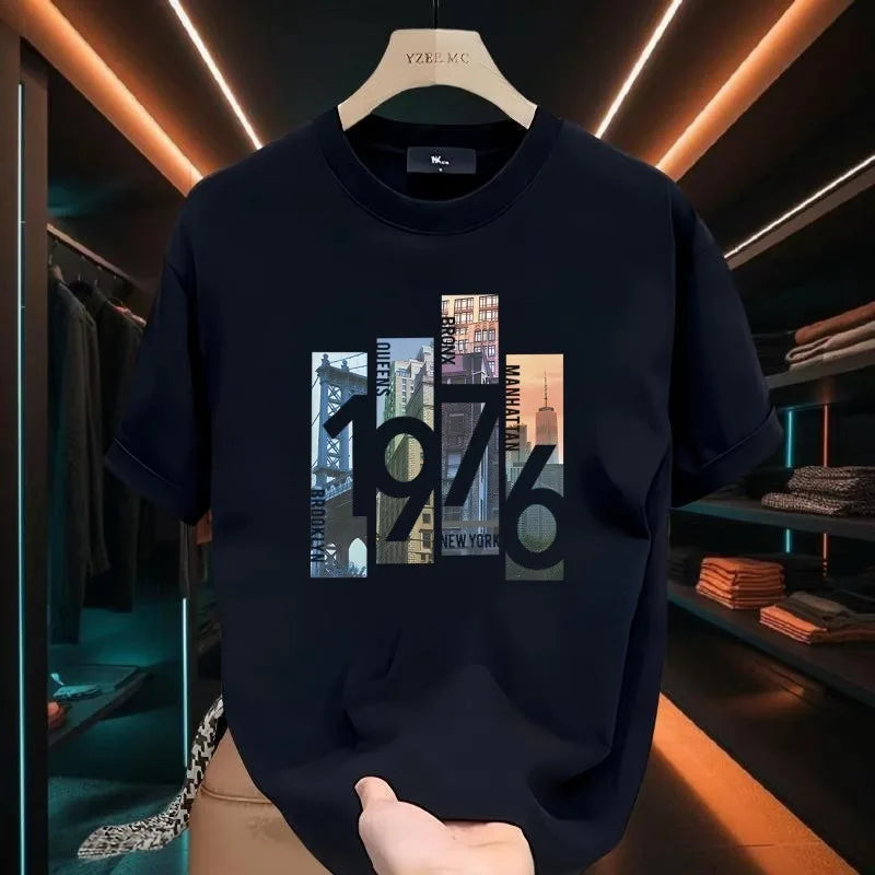 Summer Men's Cotton T-shirt Oversized Loose  Retro Trendy Printed Top High Quality Men's Clothing High Street Fashion Sweatshirt