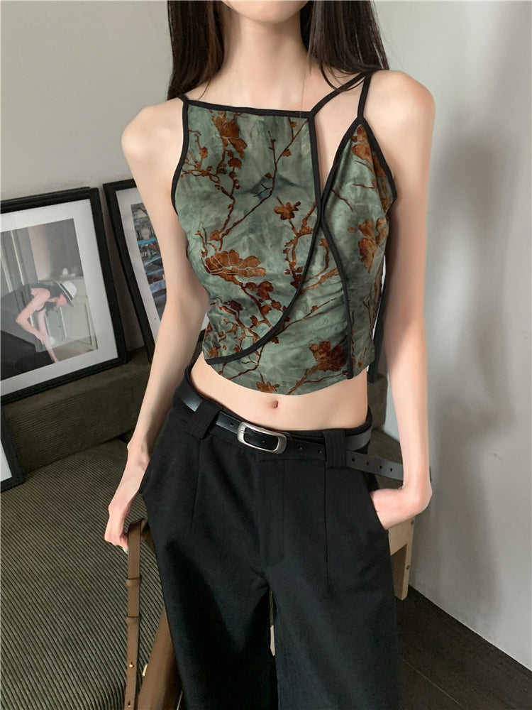 CHEERART Flocking Floral Vintage Crop Cami Top For Women 2024 Sleeveless Flower Green Tops Designer Clothes Luxury