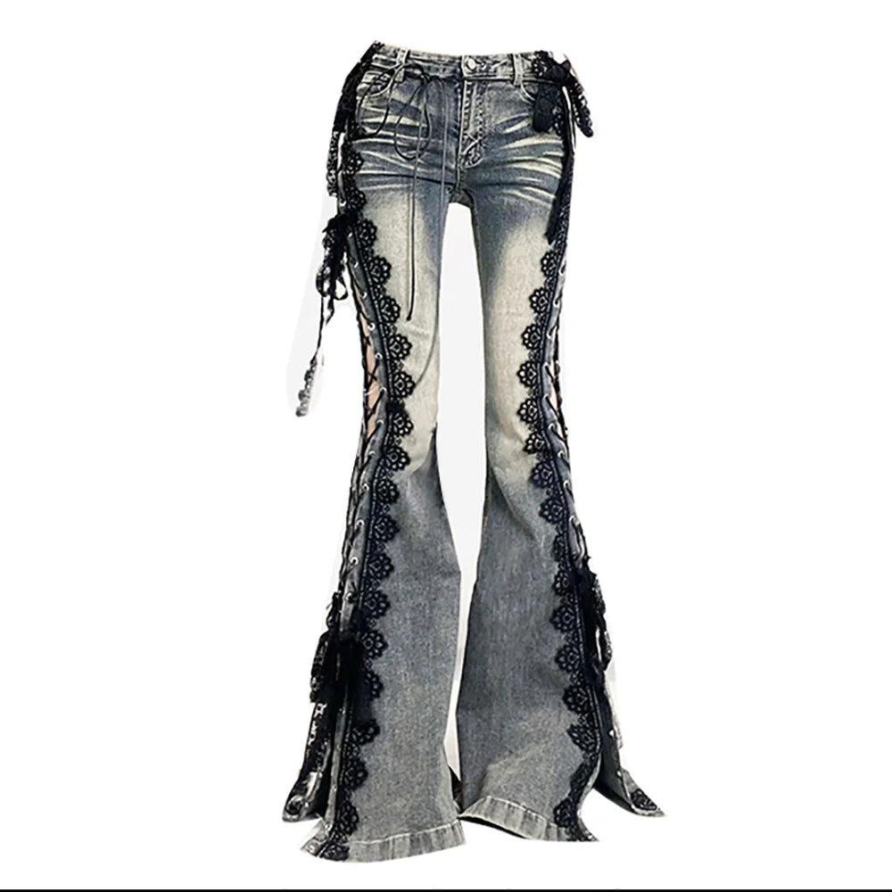 Sexy Punk Flared Jeans Long Trouser Women Lace Up Front Hollow Cut Out Bell Bottom Tied Up High Waist Streetwear Pants