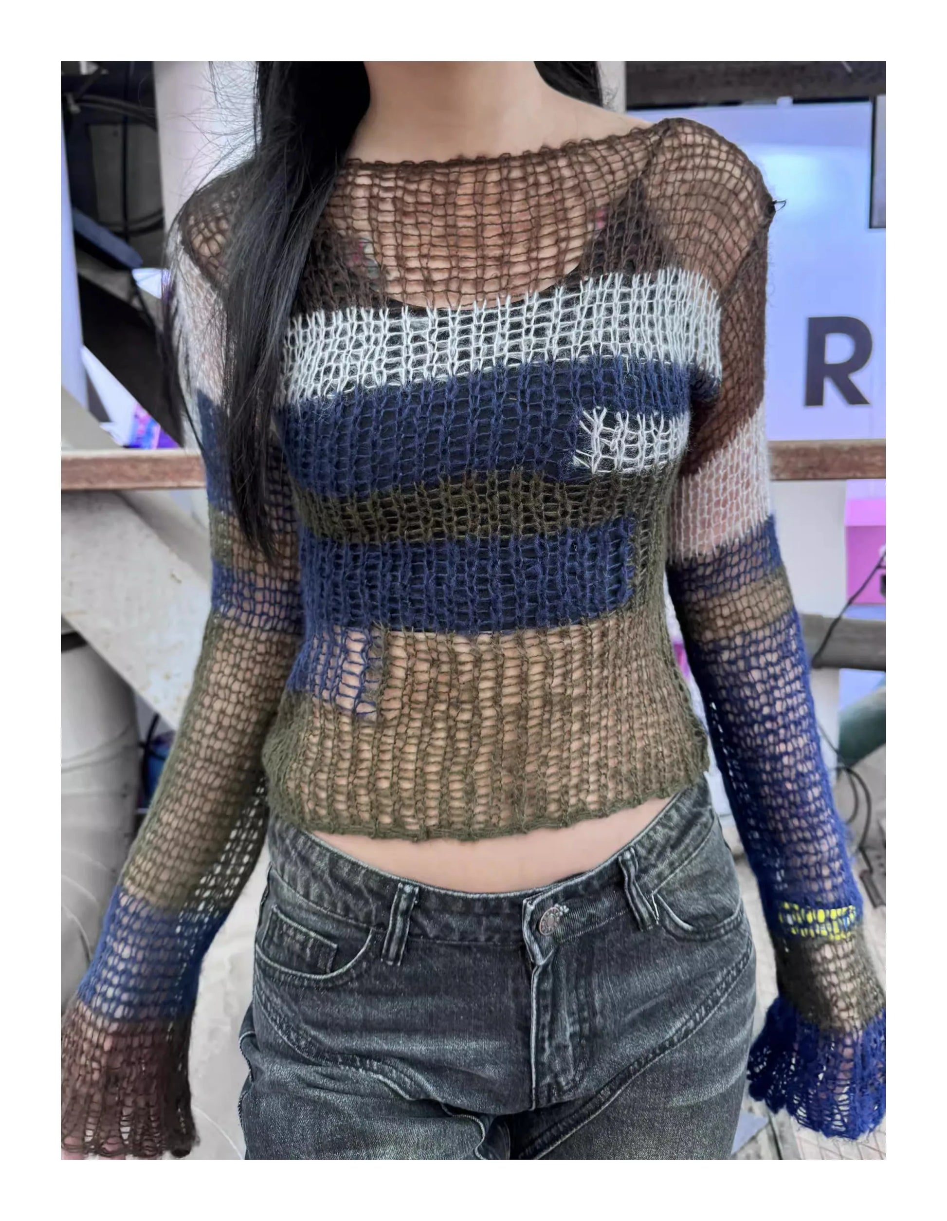 Karrram Y2k Aesthetics Crop Knit Tops Vintage Grunge Hollow Out Jumpers Japanese 2000s Hole Pullover Korean Dongdaemun Knitwear