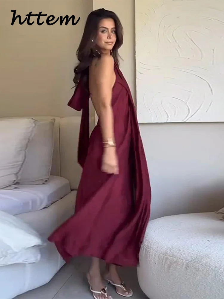 Elegant Halter Long Holiday Dress Women Loose Pleated Sleeveless Backless Slit Lace Up Party Dresses 2025 Summer Lady Beach Robe