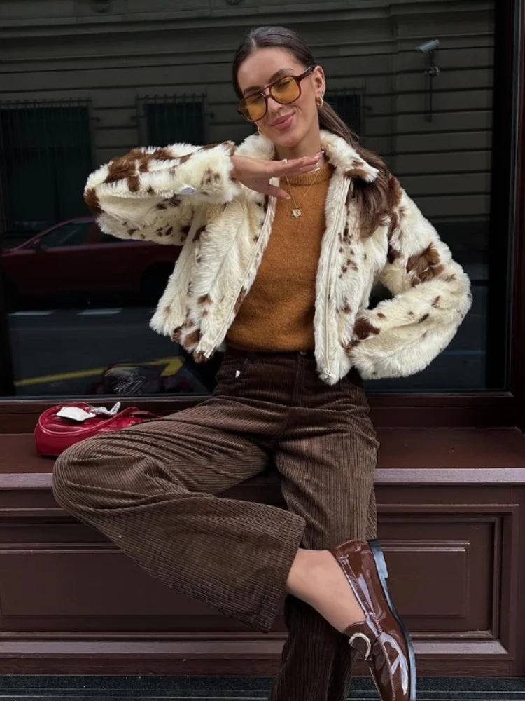 Faux Fur Contrast Women Coat 2025 Lapel Zipper Long Sleeve Female Coats Vintage Autumn Winter Pocket Thicken Warm Lady Outwear