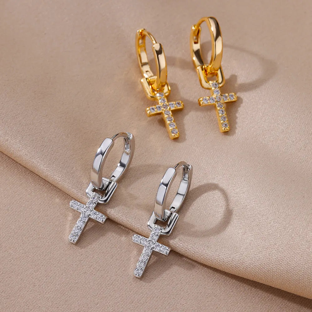 Zircon Cross Dangle Earrings For Women Girls Stainless Steel Cross Earring 2023 Trending Couple Wedding Aesthetic Jewelry aretes