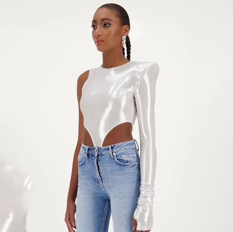 Shoulder Pads Metallic Asymmetrical Sexy Bodysuit Casual Playsuit Soild Splicing Lady Jumpsuit Slim Fit O-Neck Streetwear Tops