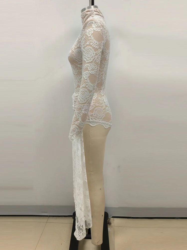 2024 New Autumn White Black Women Sexy Long Sleeve Lace Bodycon Draped Bodysuit Fashion Performance Costume Stage Wear
