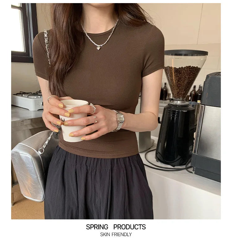 Basic Solid Crop Top Short Sleeve Crewneck Skinny T-shirt Summer Casual Tee for Women y2k Vintage Top Harajuku Streetwear