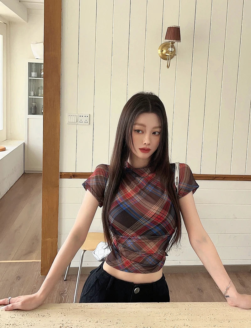 Genayooa Y2k Vintage Mesh Tops Short Sleeve See Through Plaid T Shirt Women Streetwear 2000s Japanese Fariycore Tee Tops Summer