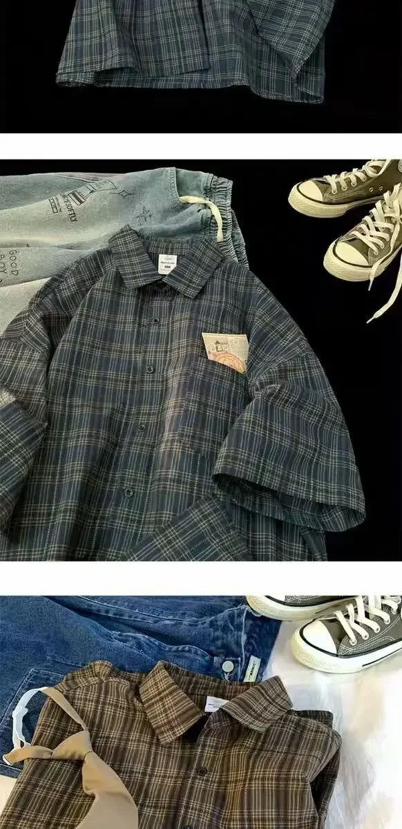 Japanese Vintage Plaid Short Sleeve Shirt Men's Streetwear Loose Fit High-end Feel Casual Stylish Versatile Half Sleeve Jacket