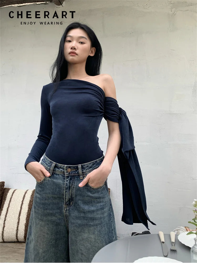 CHEERART Off The Shoulder Designer Top For Women 2024 Long Sleeve T Shirt Fashion Tees Kintted Top Fall Clothes