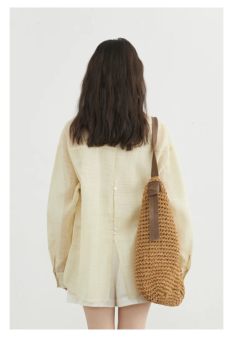 CHIC VEN New Women Shirt Retro Loose Casual Single Breasted Long Sleeve Back Slit Thin Transparent Female Blouses Summer 2025