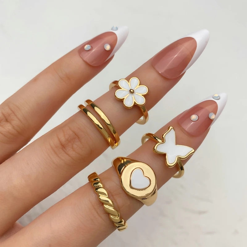 Vintage Shiny Zircon Butterfly Heart Ring Set Gold Color Boho Elegant Eyes Moon Geometric Rings Women Party Jewelry