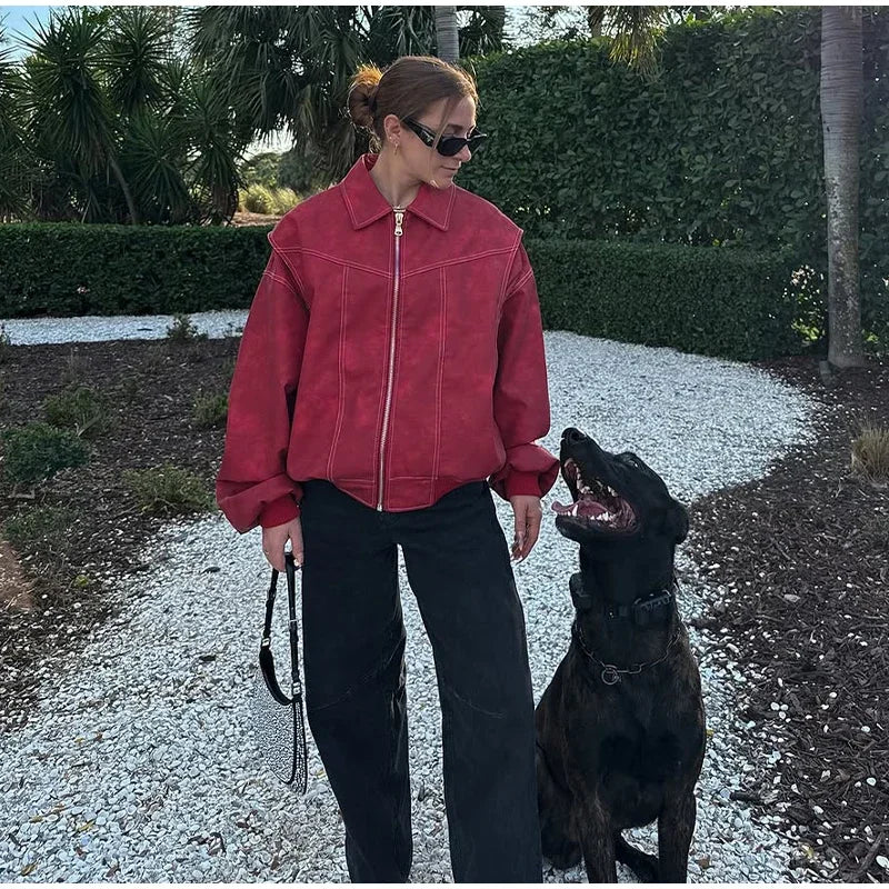 Women's Artificial Leather Short Jacket Retro Red Linen Coat Spliced Zipper Jacket Autumn Women's Lapel Pocket Street Sportswear