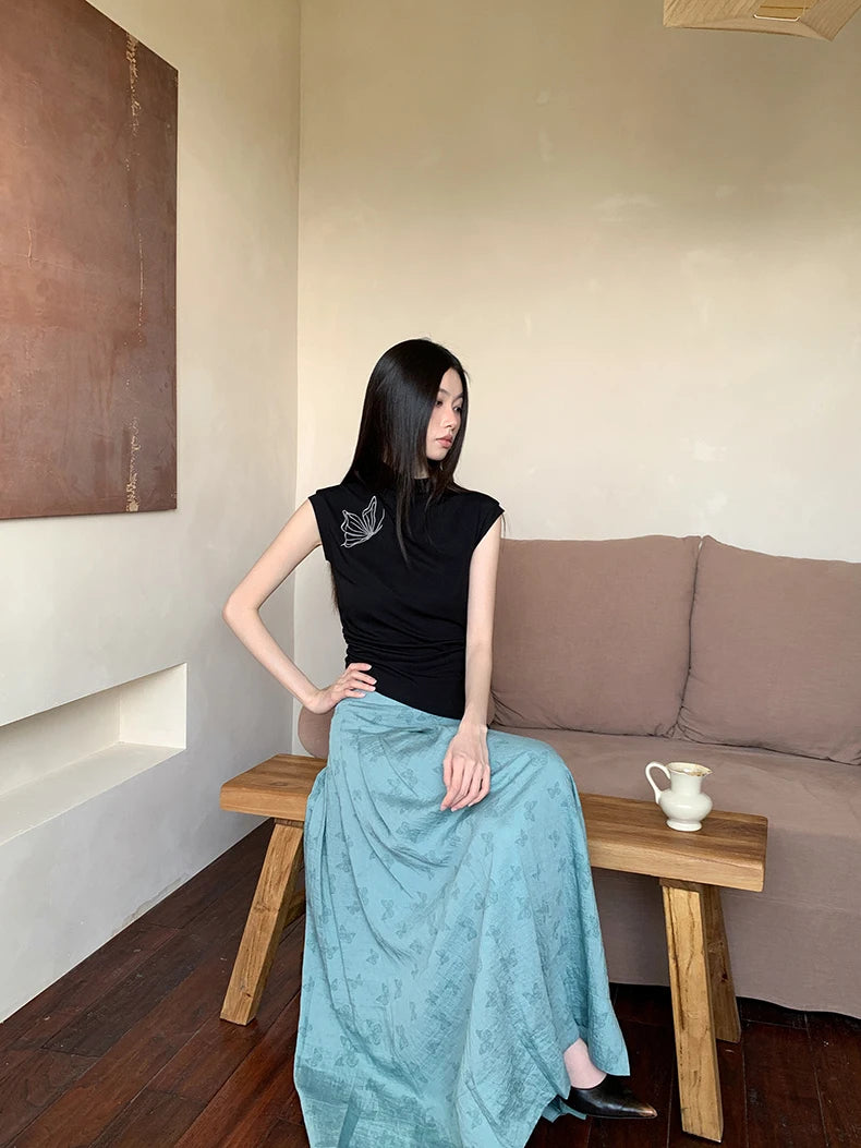 CHEERART Vintage Butterfly Sleeveless Black T Shirts Women Turtleneck Asymmetrical Top Designer Fashion Crop Top Clothing