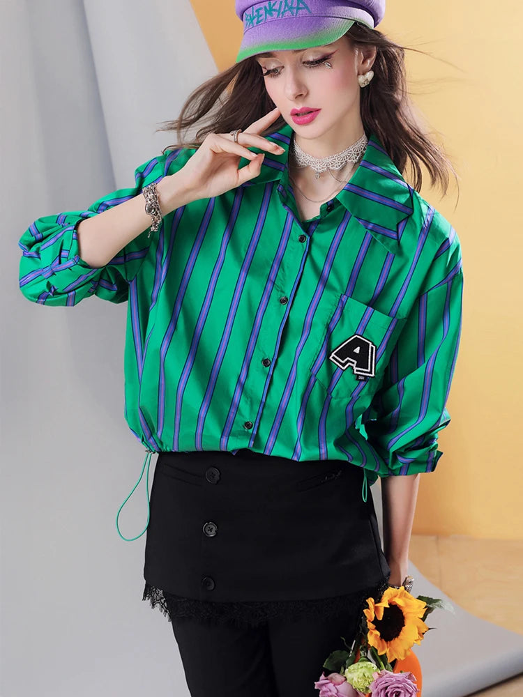 Women’s Cropped Loose Fit Striped Shirt with Letter Patch, Casual Button Down Blouse, Pink Streetwear Long Sleeve Top