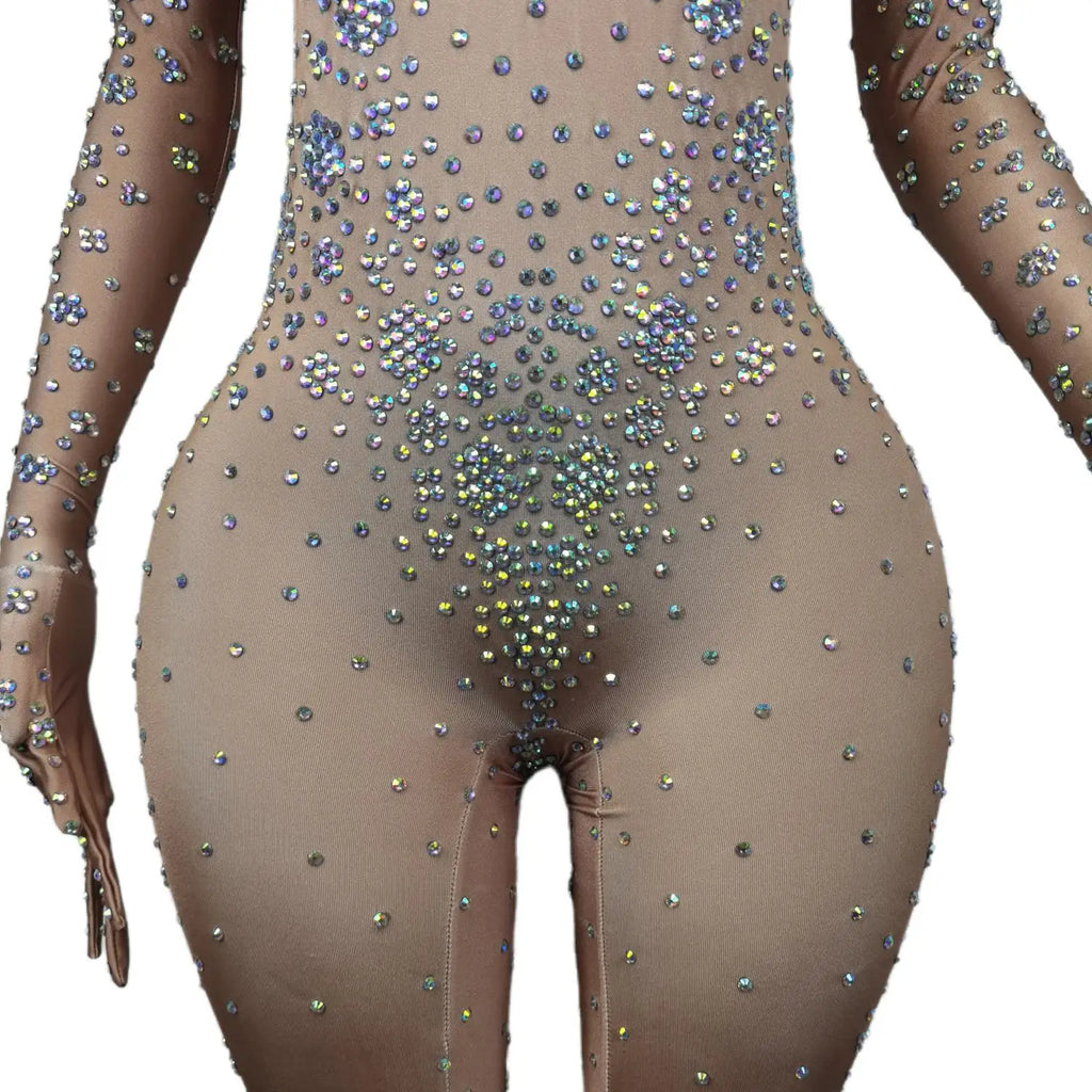 Luxury Nude See Through Rhinestone Bodysuit Fashion Outfits Show Dance wear Club Party Rompers Crystal Mesh Jumpsuits for Women