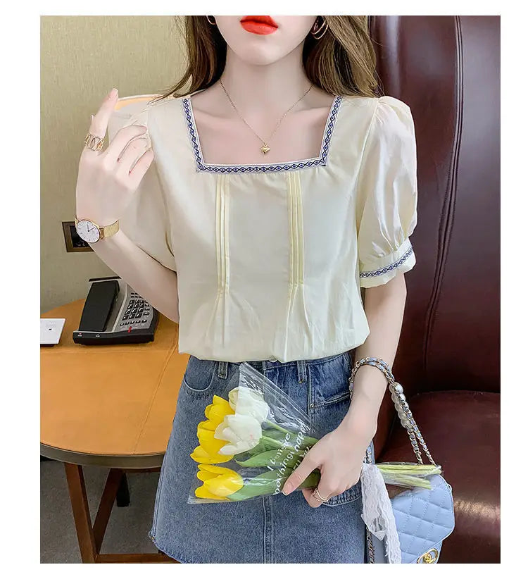 Women Clothing Summer Korean Fashion Embroidered Solid Color Square Collar Puff Sleeve Femme All-match Pleated Short Sleeve Tops