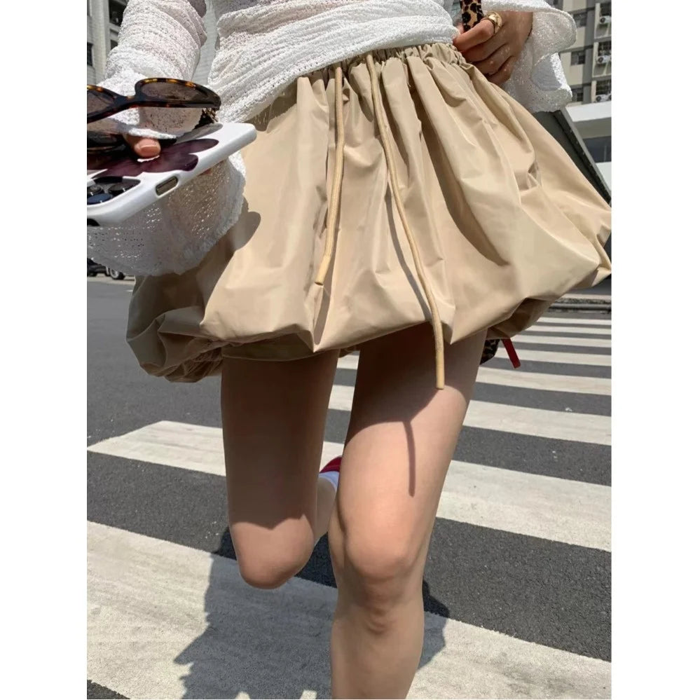「MD」Retro Puffy Skirt Dstring Bloomer High Waist Slimming Elastic Waist f-length ort Skirt Sweet Sle Polyester Fiber