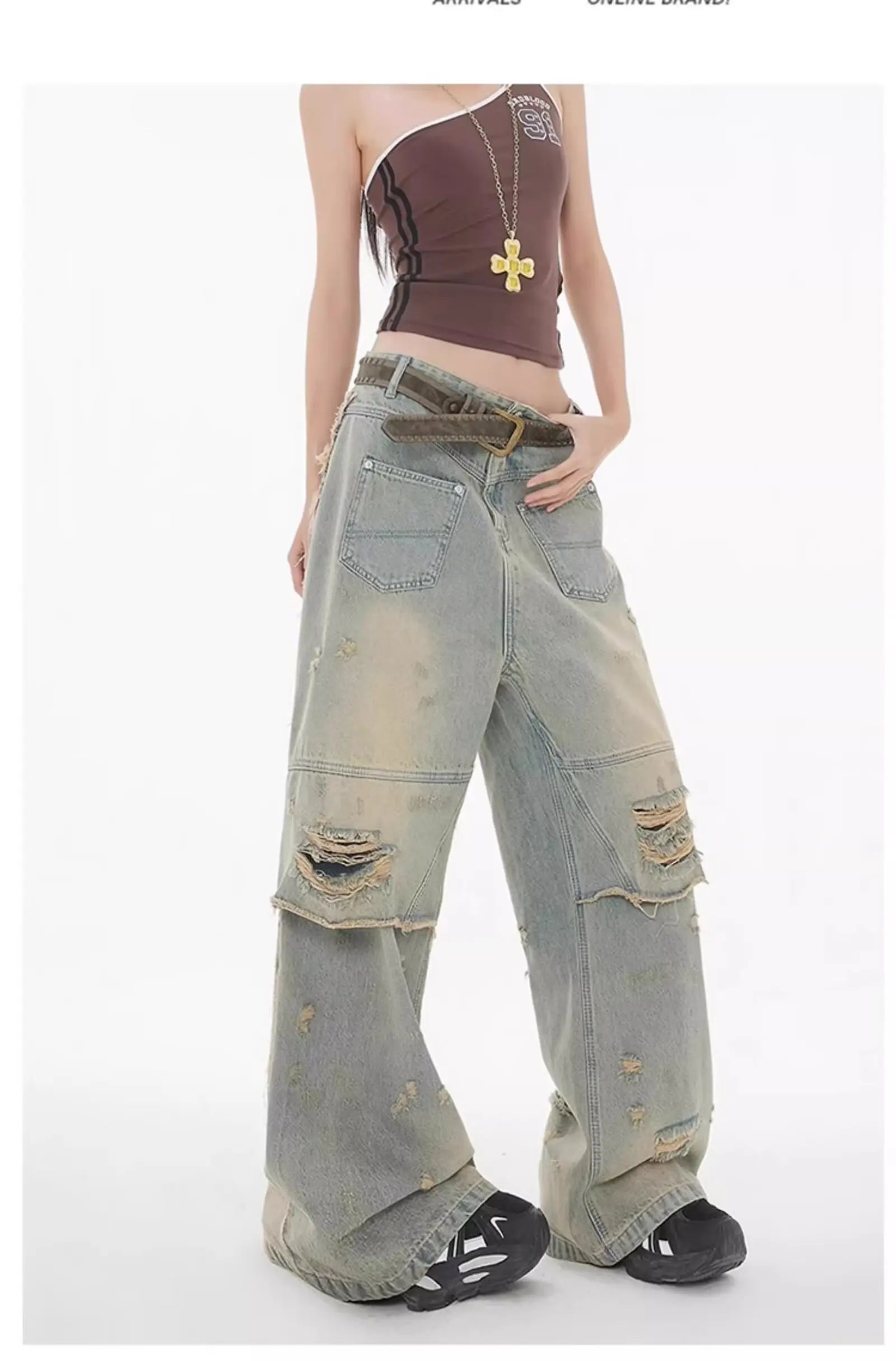 American High Street Wasteland Style Ripped Jeans Spring and Summer Loose Washing and Old Wide-leg Japanese and Korean Baggy