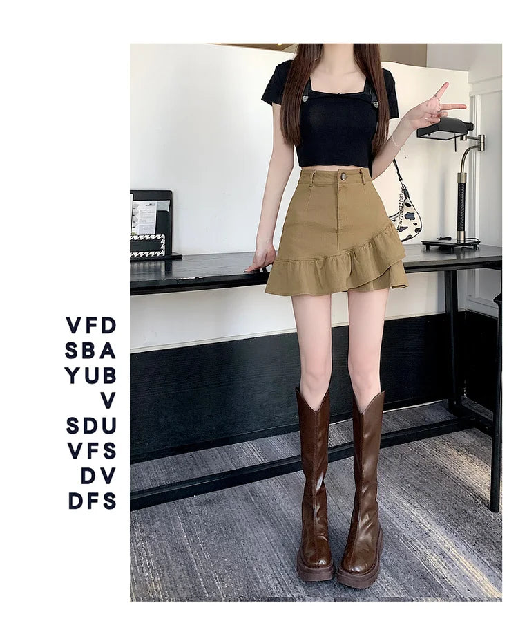 High Waist A-Line  Skirt Women's Spring Summer Denim f-length Skirts with Lace Hemline Cotton Polyester Blend