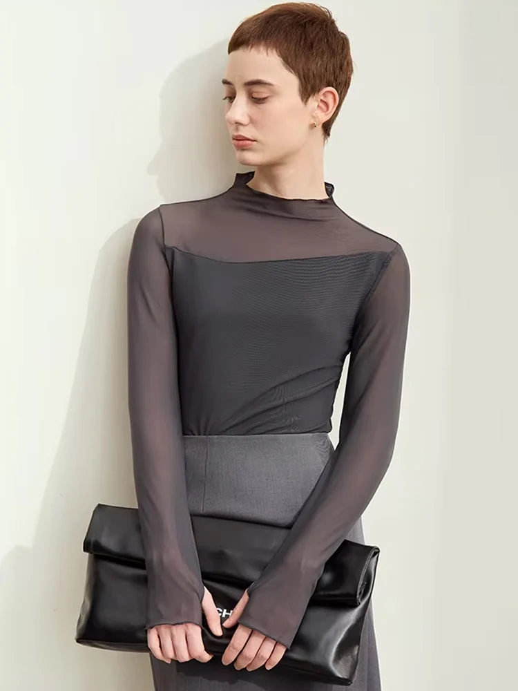 Amii Minimalism Mesh T-shirts For Women 2025 Spring New Office Lady Half-high Neck Micro Perspective Slim Retro Shirt 12423055