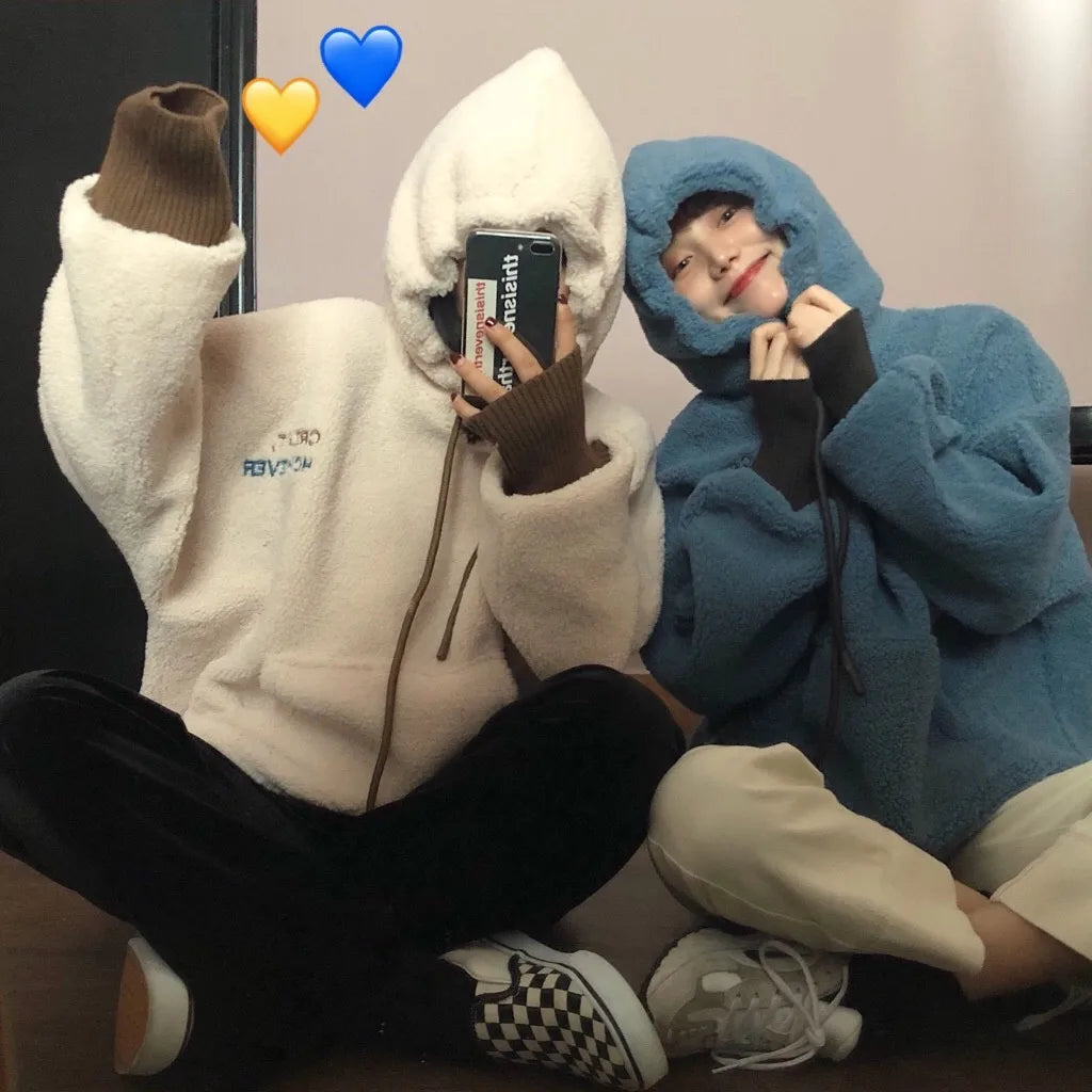 Plush Women Hoodie Solid Color Loose Pullover Hooded Korean Fashion Cold-proof Thicken Soft Spring Hooded Sweatshirts худи 후드티