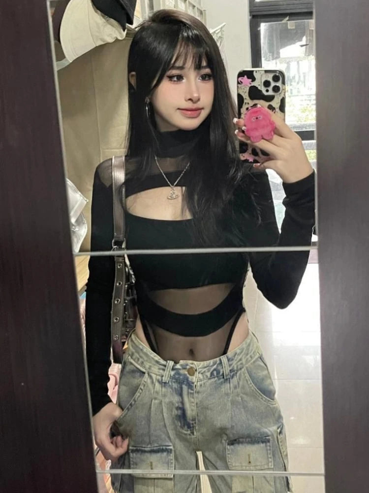 Black See Through Bodysuits Women Sexy Hollow Out Slim Fashion Gothic Clothing Simple Club Basic Mujer All-match Spring Hotsweet