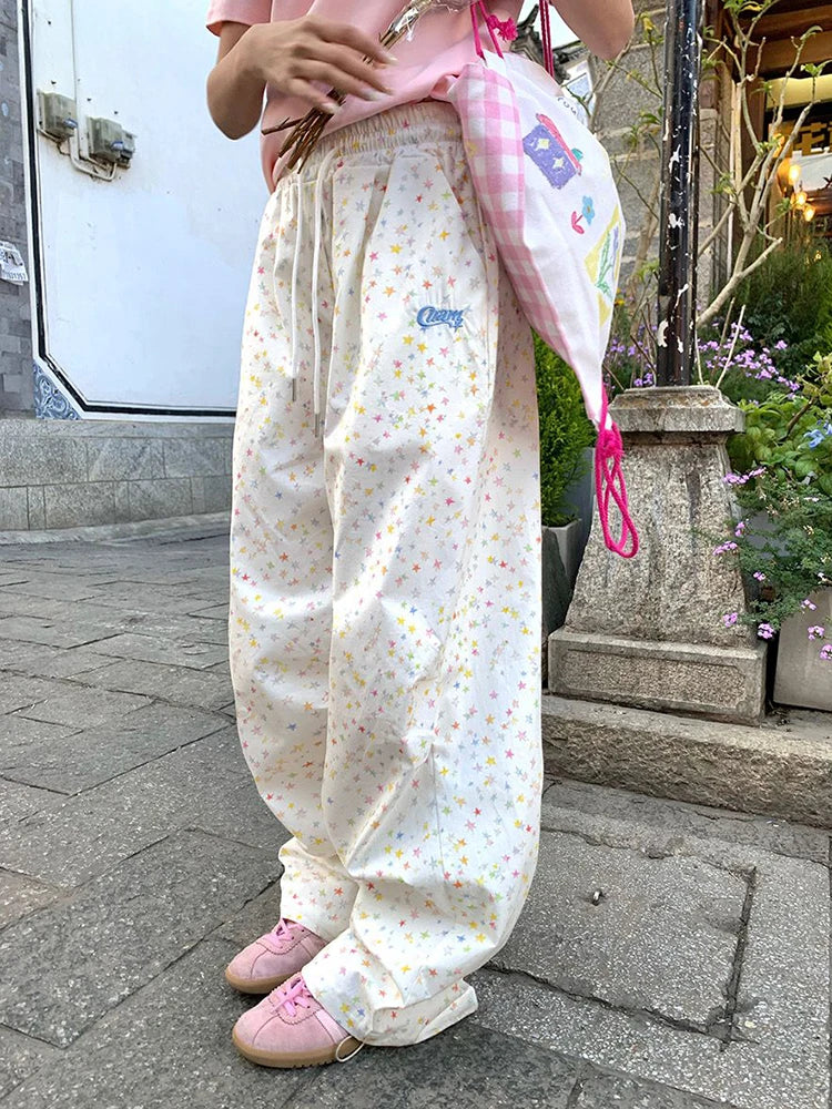 Zoki Stars Print Letter Cargo Pants Women Sweet Fashion High Waist Wide Leg Trousers Casual Loose Preppy Style Female Cute Pants