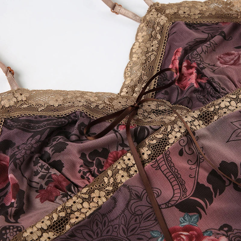 Rockmore Vintage Tulle Patchwork Floral Print Camis Women Mesh Lace Cross V Neck Crop Top Y2K Aesthetic Female Backless Corset