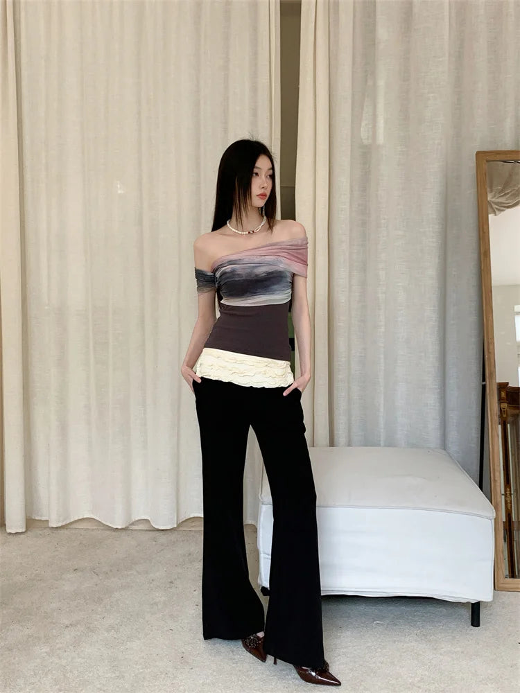 CHEERART Tie Dye Off The Shoulder Mesh Top For Women One Shoulder Designer Crop Top Fashion T Shirt Summer 2025 Clothing