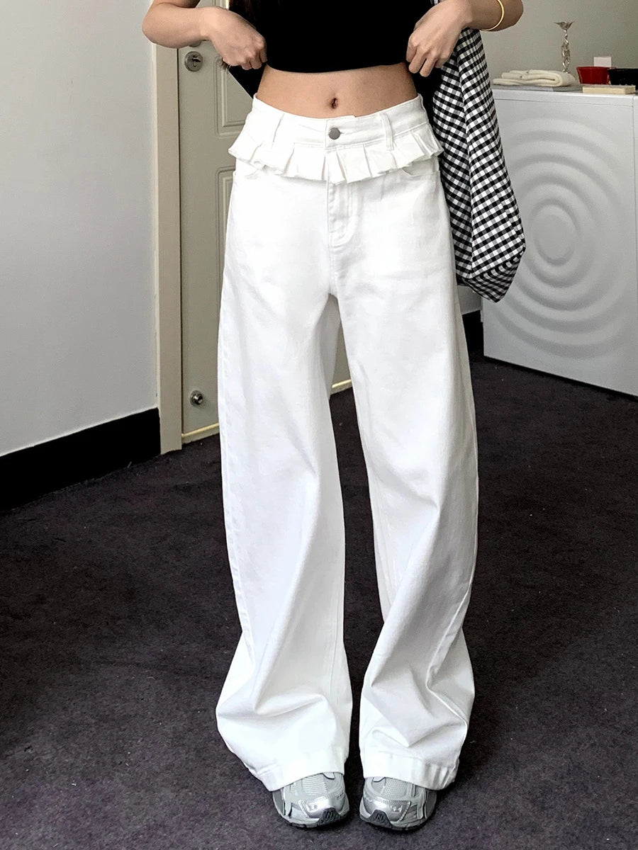 Casual Patchwork Pleated Wide Leg Pants Loose Solid High-Waisted Straight Pants Women Fashion Streetwear Lady Jeans