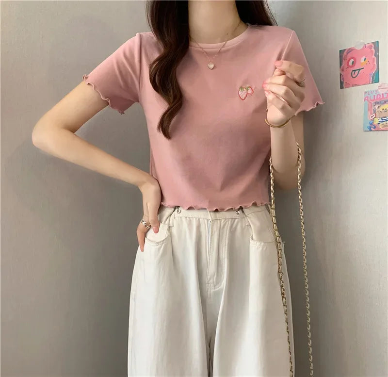 Summer Embroidered Short T-shirt Women Wooden Edge Irregular Slim Short Sleeve Top Plant Pattern Fiber Fabric Elegant Style