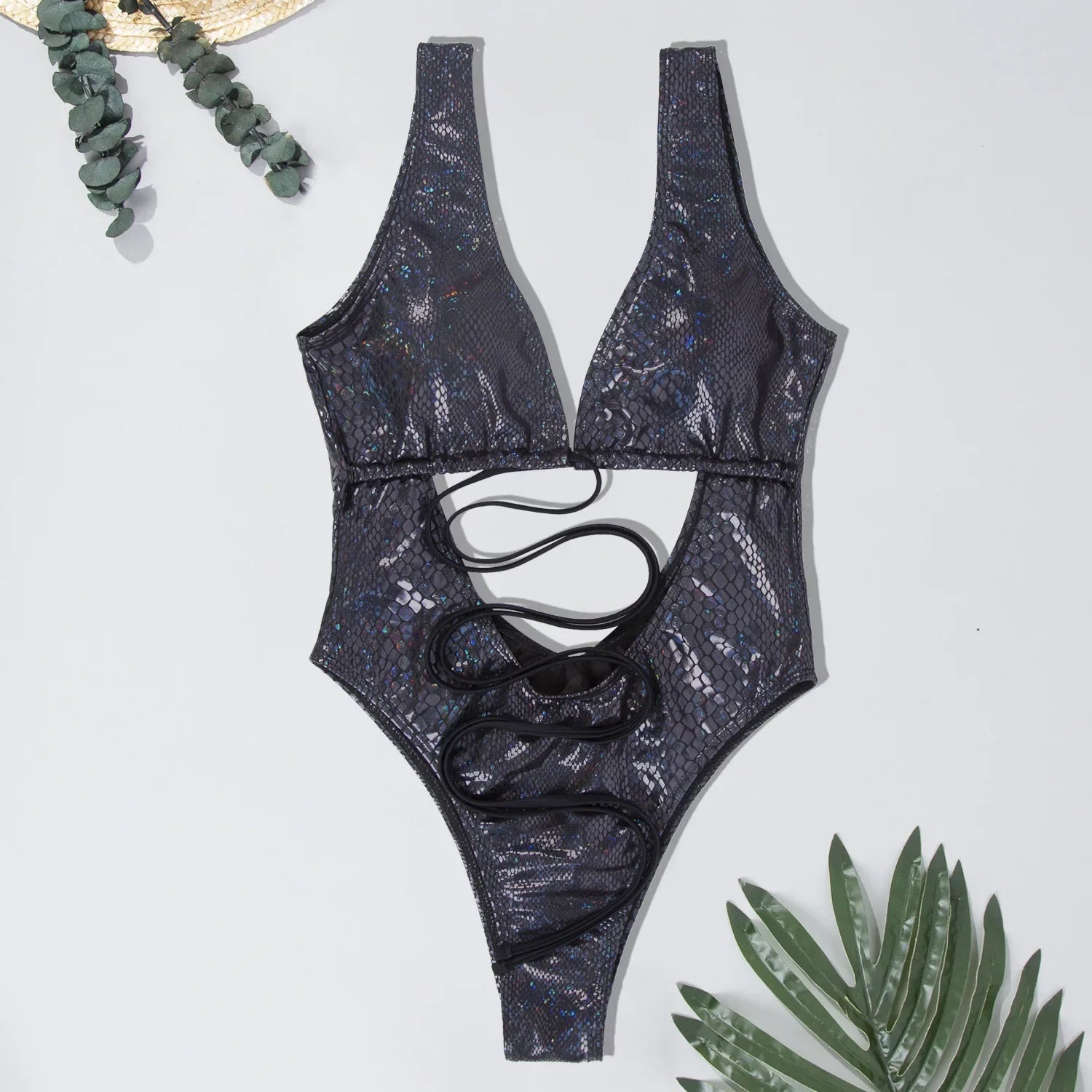 Sexy Black Snake Print Swimwear Women Hollow Out Criss Cross Backless One Piece Swimsuit Bathing Suit Monokini 2024 Trikini