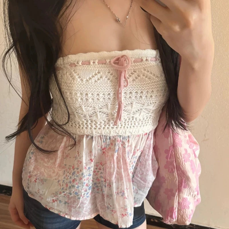 Summer  New Sexy Spice French Elegant Ladies Top Lace Patchwork Halter Vest Floral Skirt Design Hollowed-Out Strapless Tops
