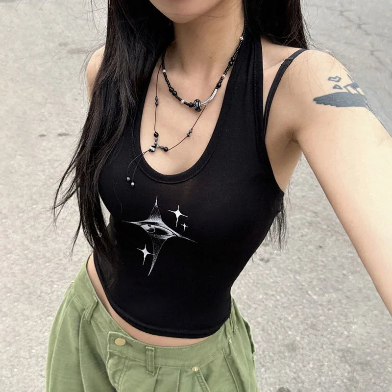 Top Women Y2k Devil's Eyes Retro Print Hanging Neck Suspender Vest Women's Summer Korean Fashion Slim And Slimming Short Top