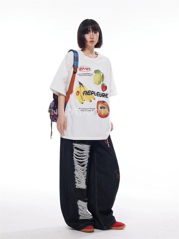 LOTDOOTN Retro American Fun Fruit Print White Short Sleeve Women T-shirts Summer Loose Pure Cotton Half Sleeve Trendy Streetwear