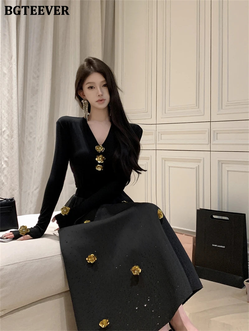 BGTEEVER Spring Elegant Ladies 2 Pieces Skirt Set Long Sleeve V-neck Pullovers & High Waist Loose A-line Skirts Women Outfits