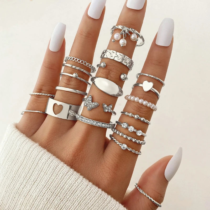 Vintage Shiny Zircon Butterfly Heart Ring Set Gold Color Boho Elegant Eyes Moon Geometric Rings Women Party Jewelry