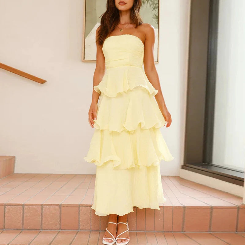 Women 2025 Backless Sleeveless One Piece Office Long Dress Elegant Solid Evening Dress All Match Layered Ruffle Slim Party Dress