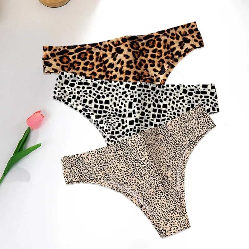 WarmSteps 3Pcs/Set Sexy Leopard Thongs Women's Panties Thongs 2024 New Female Underwear Seamless Printed Panties Ice Silk Briefs